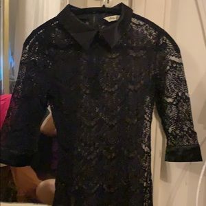 Black lace dress sheer with satin sleeves/ collar